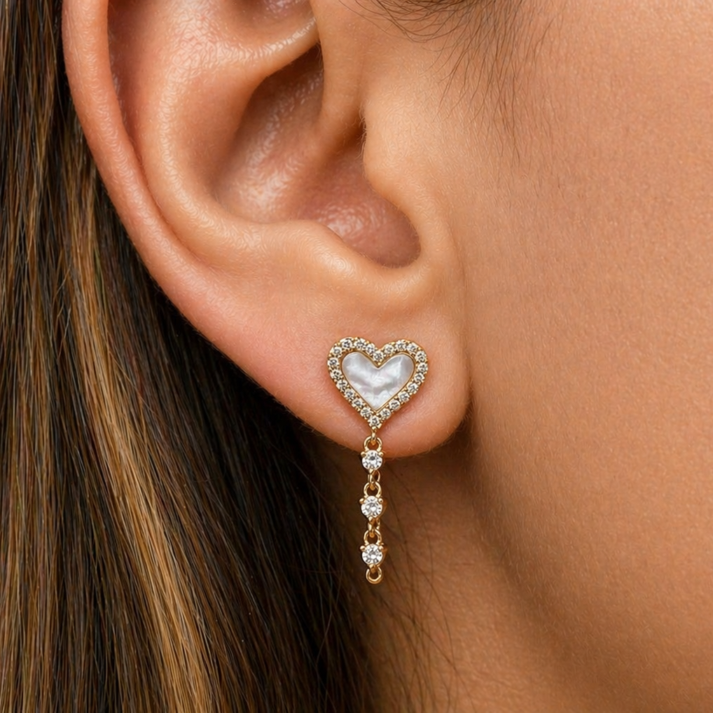 14k gold mother of pearl heart chain diamond earrings by Diamond Tales