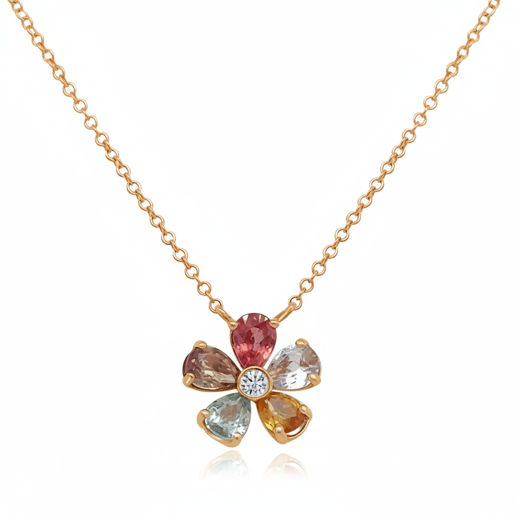 14k rose gold multicolor flower necklace with central diamond pendant