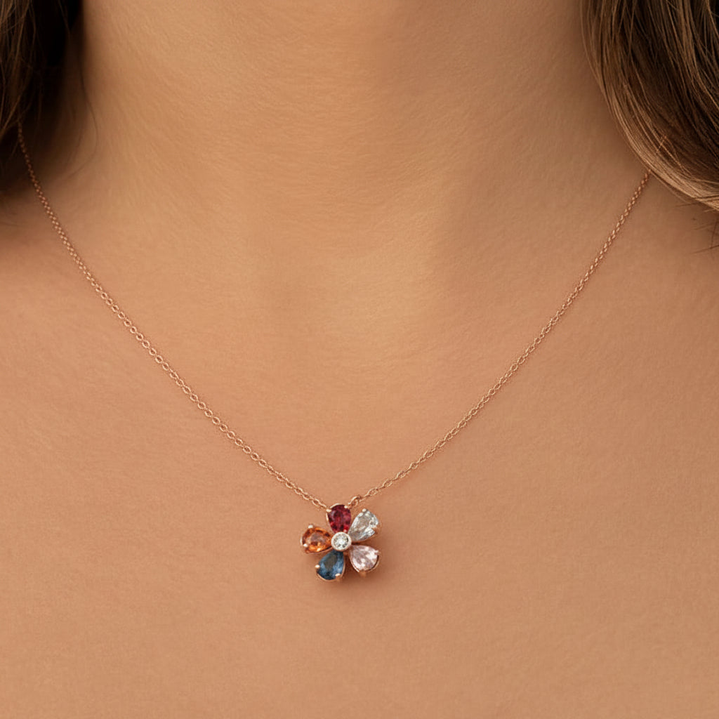 14k rose gold multicolor flower necklace with central diamond pendant