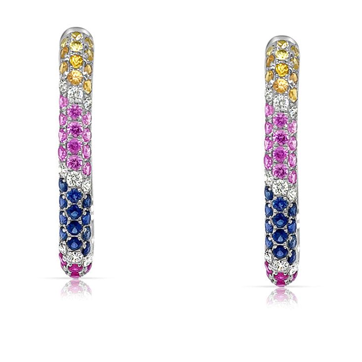 18k white gold hoop earrings with 1.66 cts multicolor round sapphires and 18 round brilliant diamonds totaling 0.29 cts