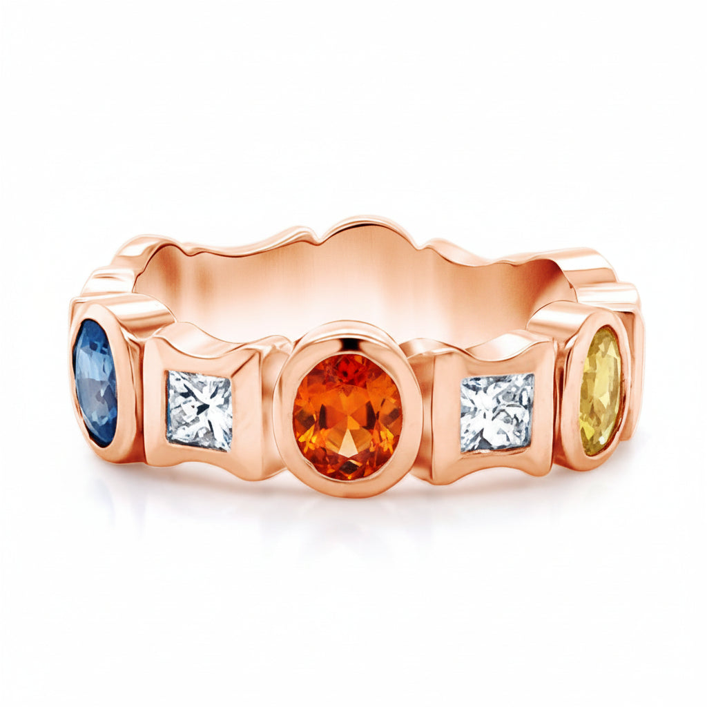 18k rose gold ring with multicolor sapphires and round diamonds by Diamond Tales