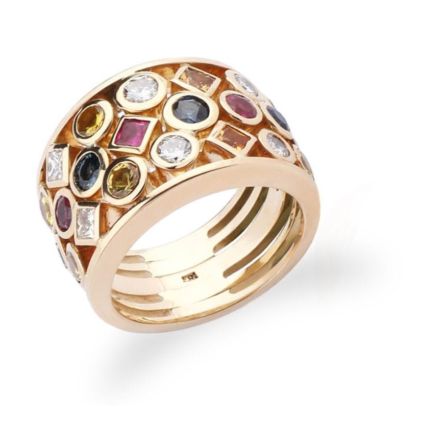 18k yellow gold ring with multicolor sapphires and round diamonds