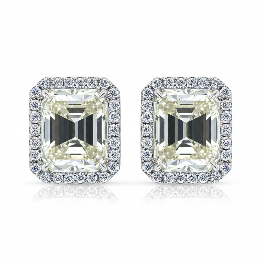 18k white gold earrings with GIA-certified emerald-cut diamonds and pavé-set round diamonds