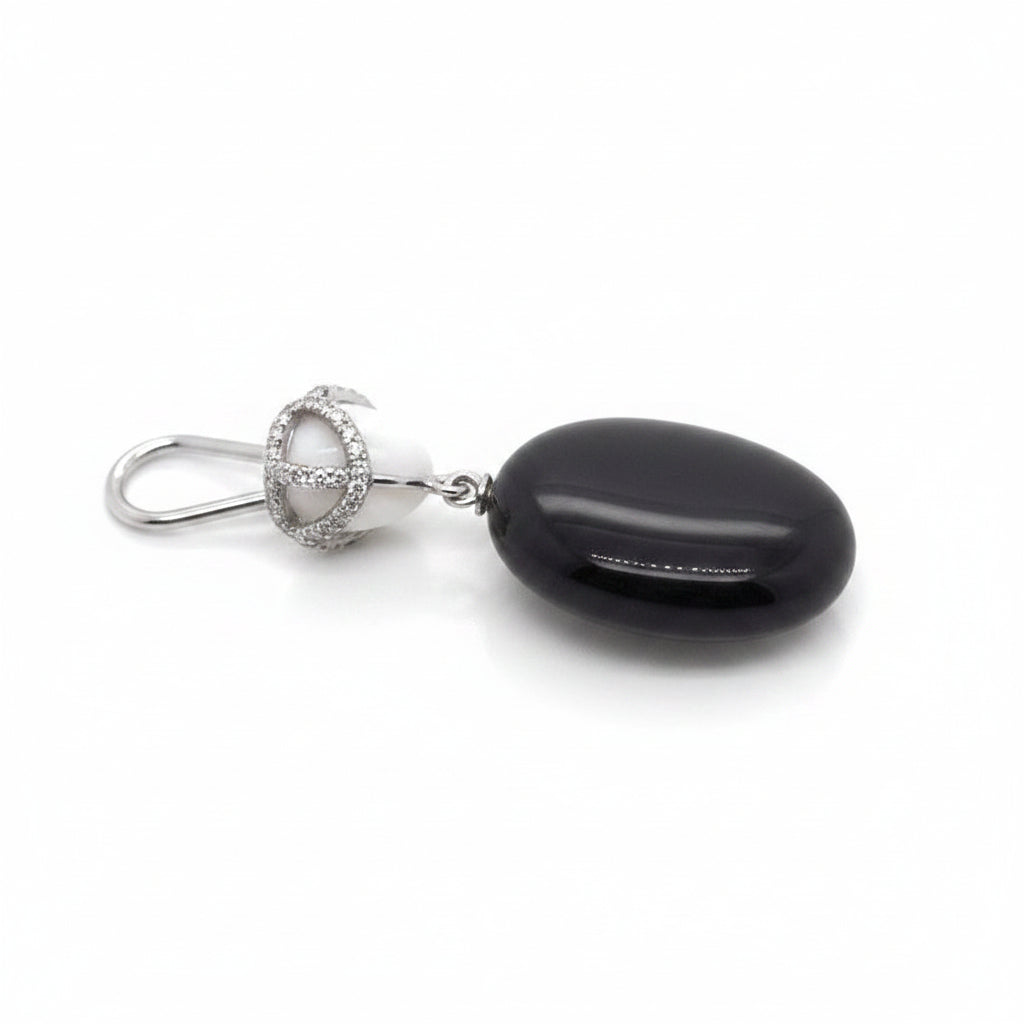 18k gold drop earrings with onyx, white agate, and diamond accents