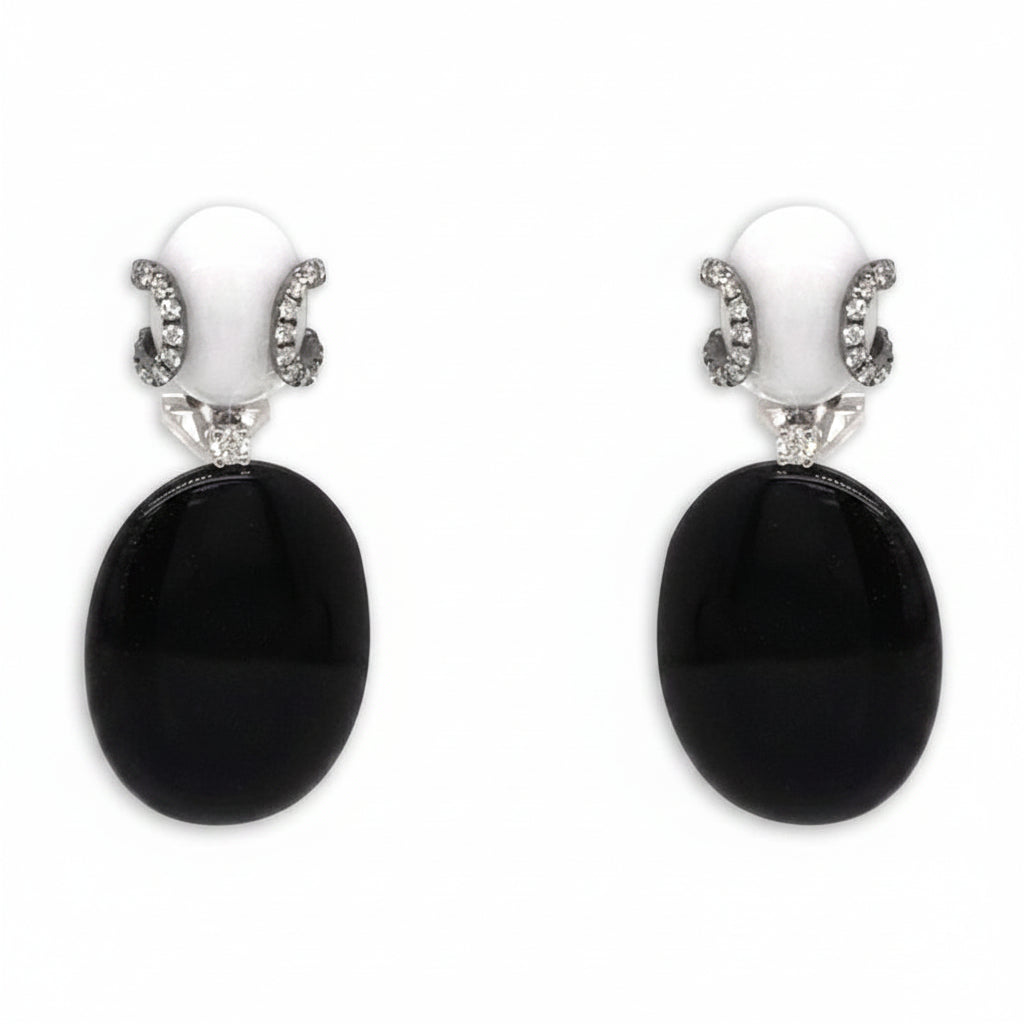 18k gold drop earrings with onyx, white agate, and diamond accents