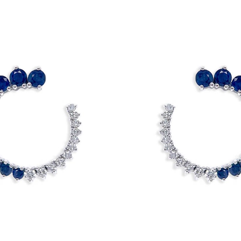 18k gold open-circle stud earrings with blue sapphires and diamond accents