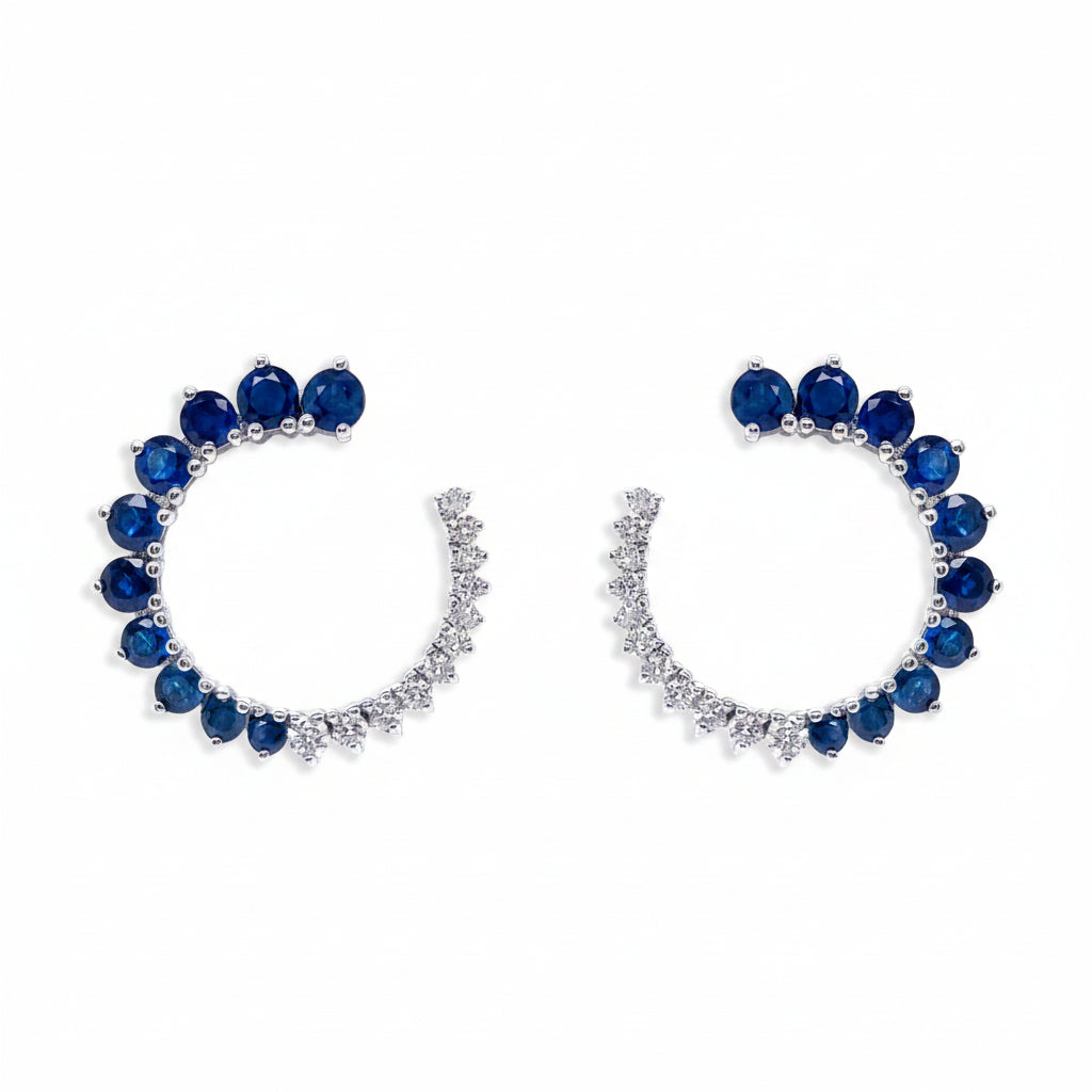 18k gold open-circle stud earrings with blue sapphires and diamond accents