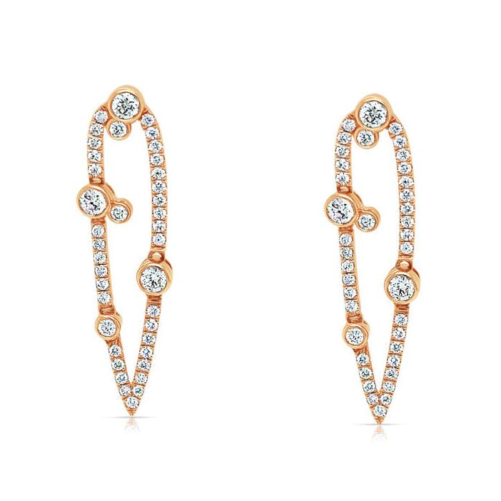 18k rose gold open elongated silhouette earrings with 78 round brilliant-cut diamonds totaling 1.11 carats