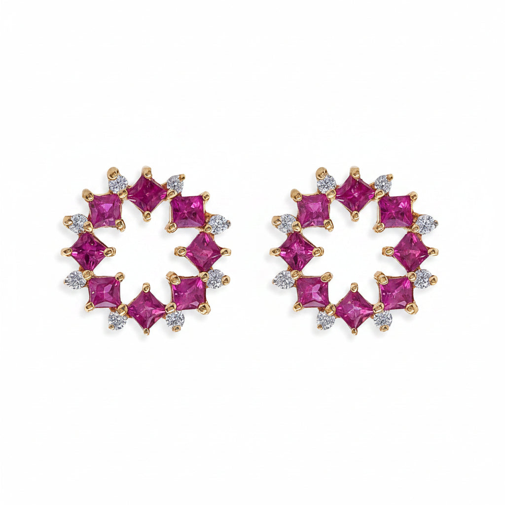 18k gold open-circle flower stud earrings with square gemstones and diamond accents