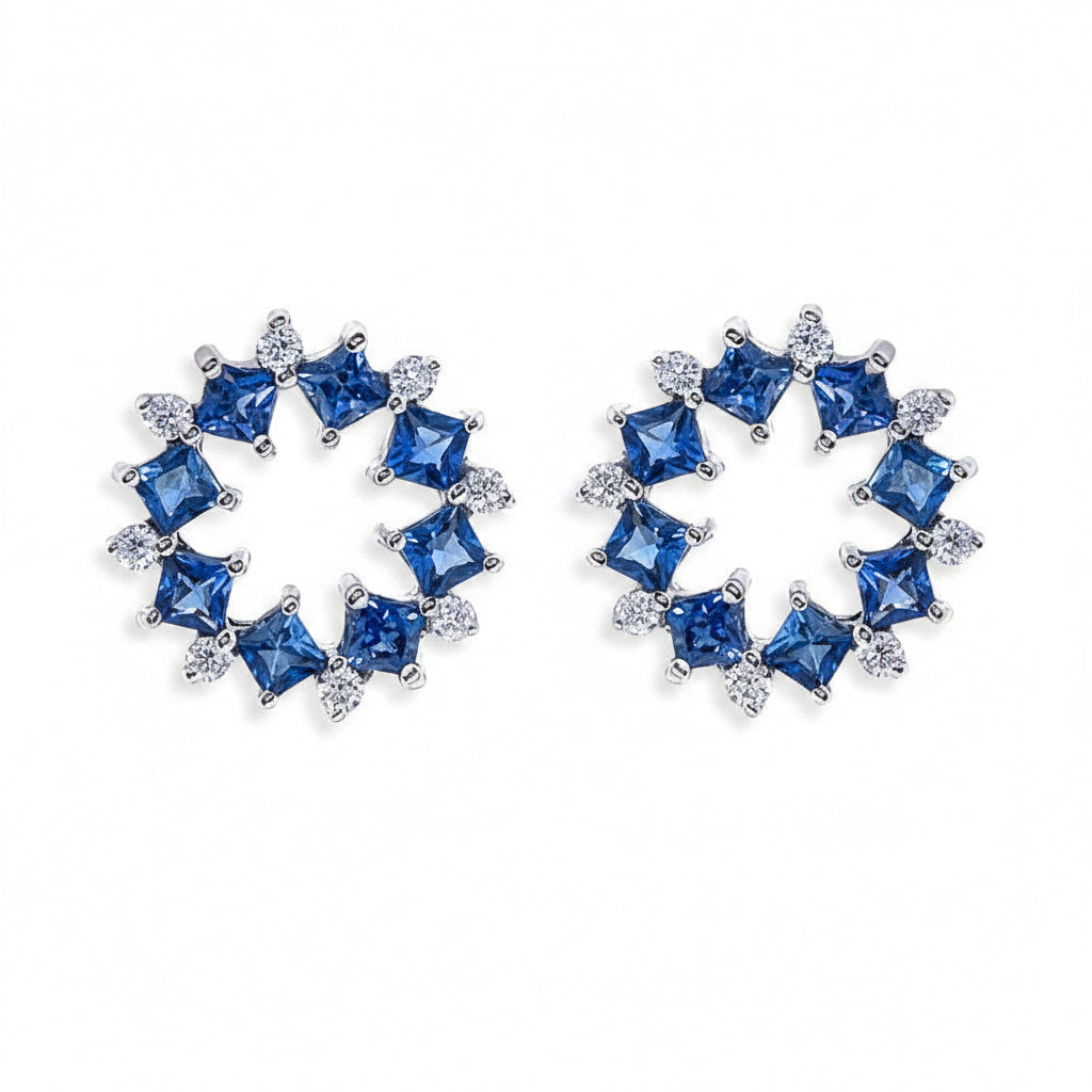 18k gold open-circle flower stud earrings with square gemstones and diamond accents