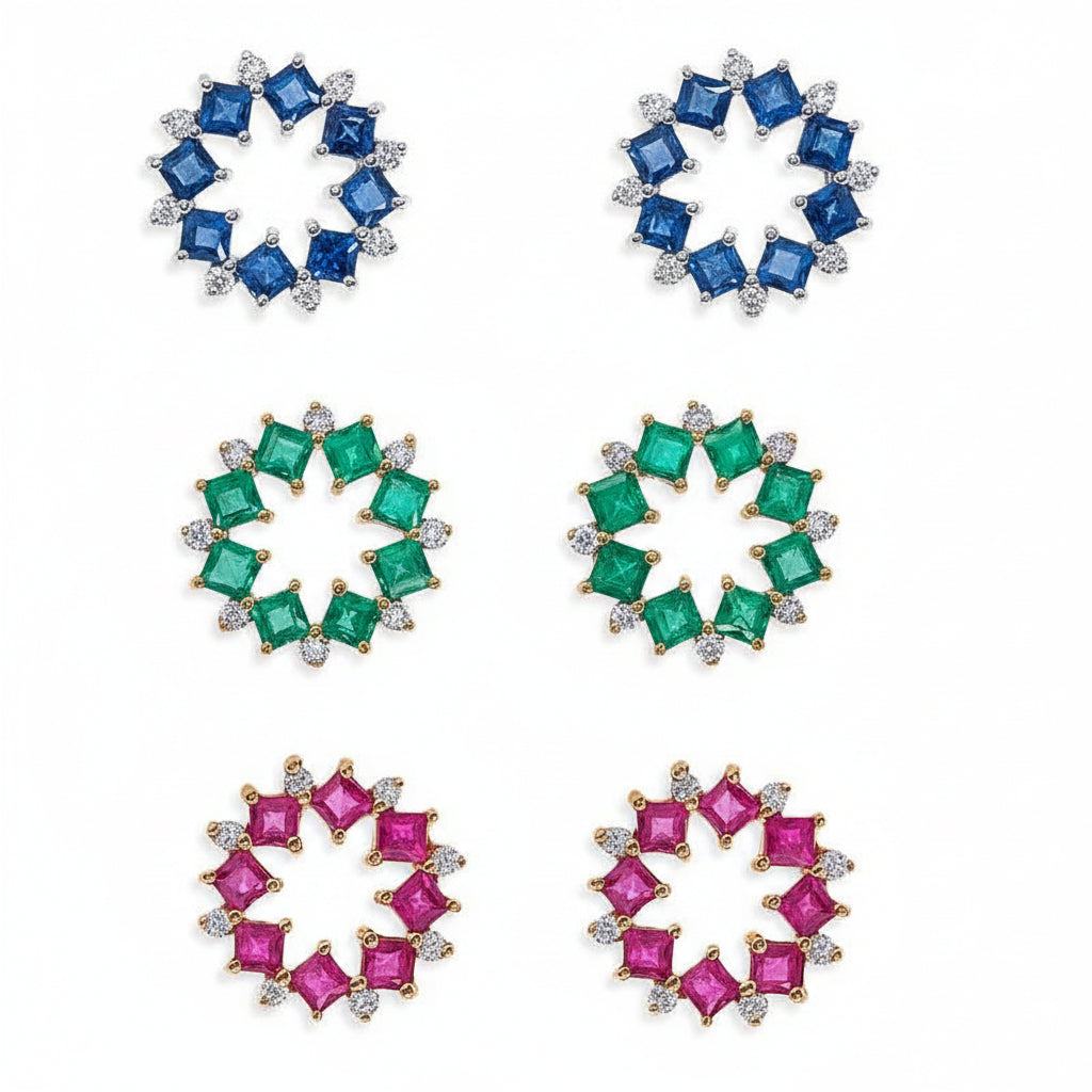 18k gold open-circle flower stud earrings with square gemstones and diamond accents