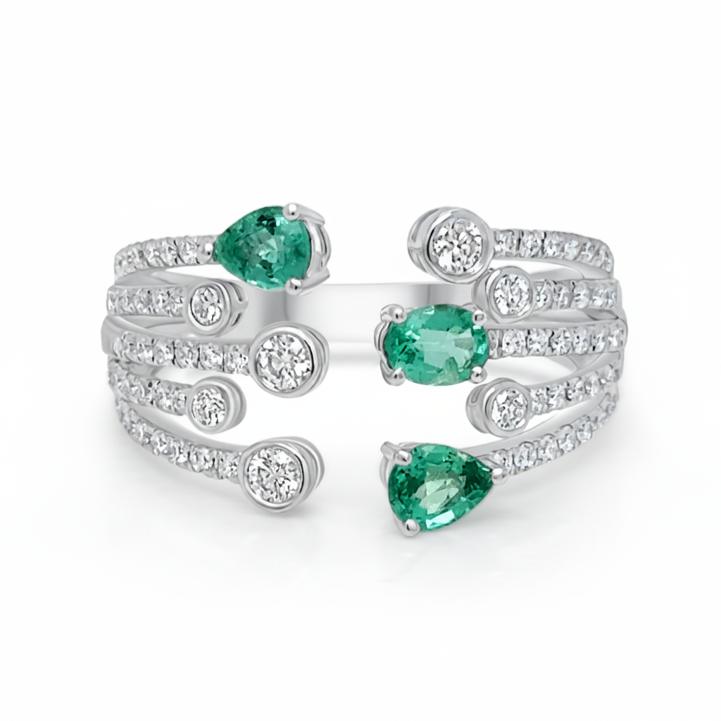 Open ring with pear emeralds and diamonds in 18k gold – Diamond Tales