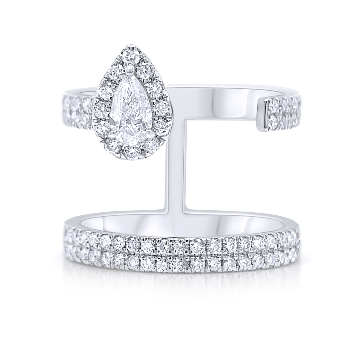 18k gold open ring with pear-shaped and round diamonds by Diamond Tales