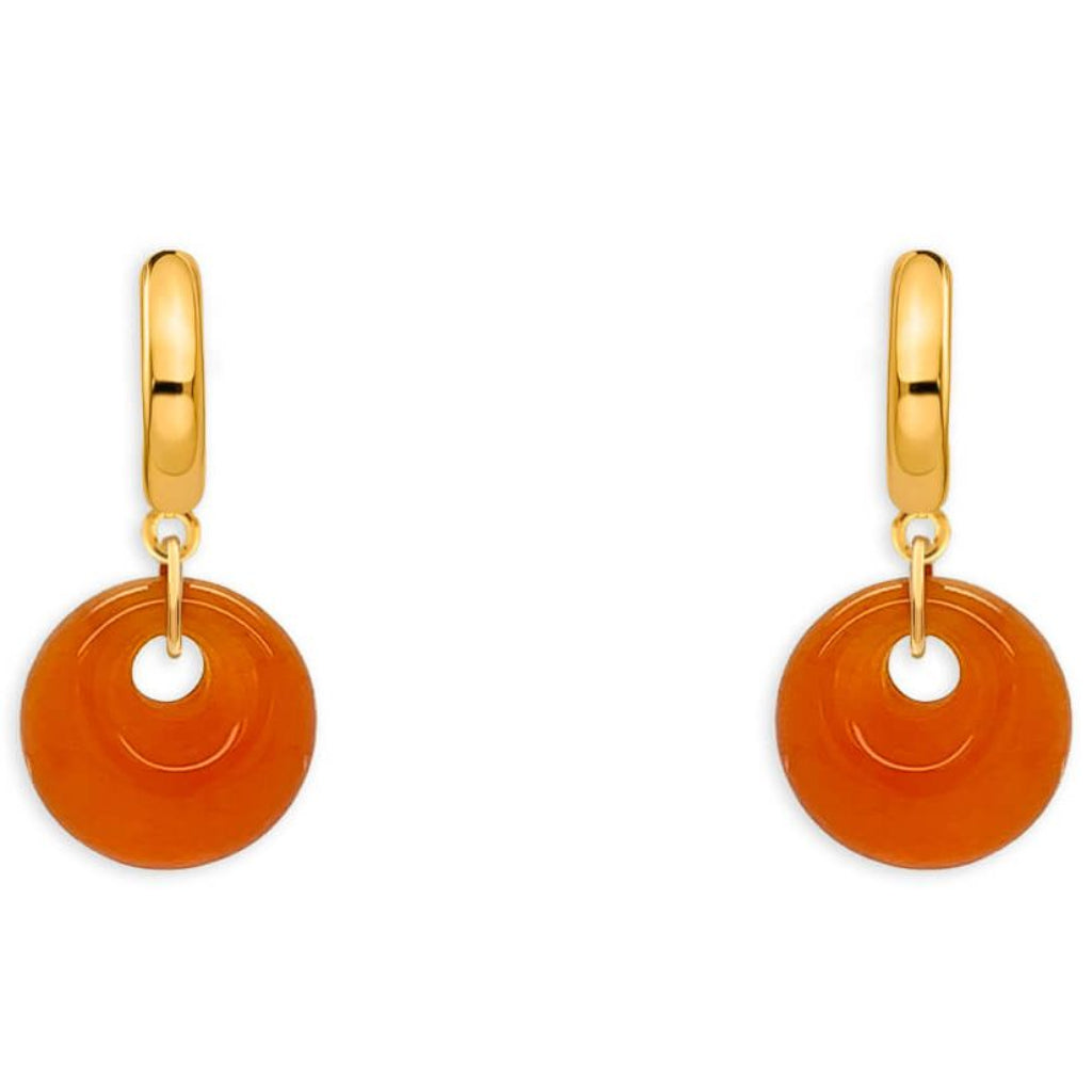 14k yellow gold huggie earrings with detachable orange chalcedony drop stones