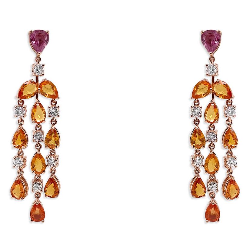 18k gold chandelier earrings with pear-shaped orange sapphires and diamond accents