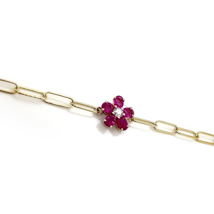 14k yellow gold paper clip chain bracelet with ruby flower center and diamond accent