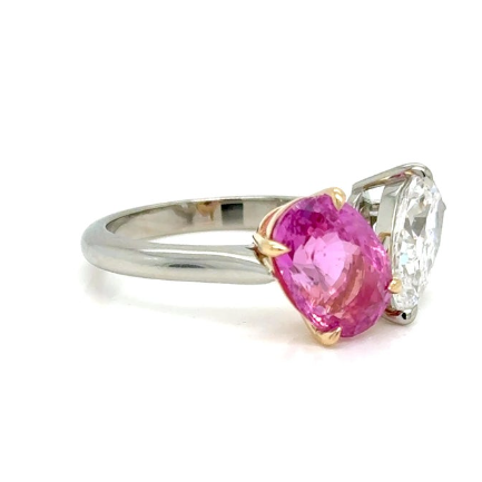 Pear diamond and oval pink sapphire ring in 18k gold