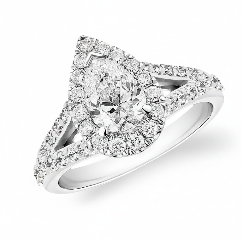 18k white gold ring with GIA pear diamond and split shank diamond bands