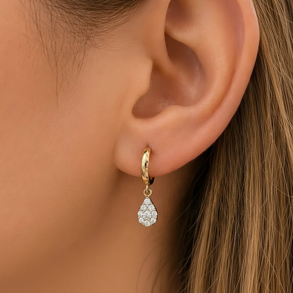 Mixed-gold huggie earrings with pear-illusion diamond drop