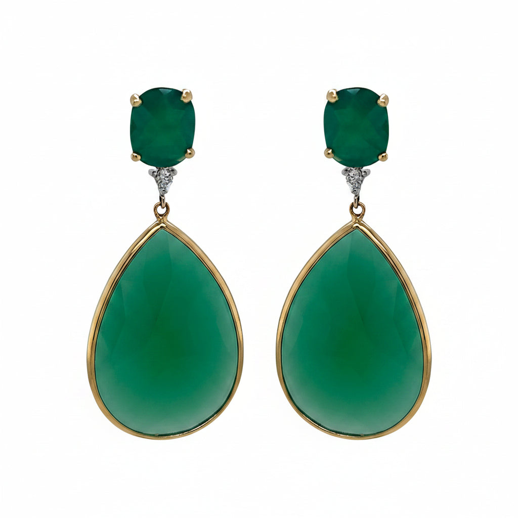 14k gold stud earrings with pear and oval green agate surrounded by diamonds