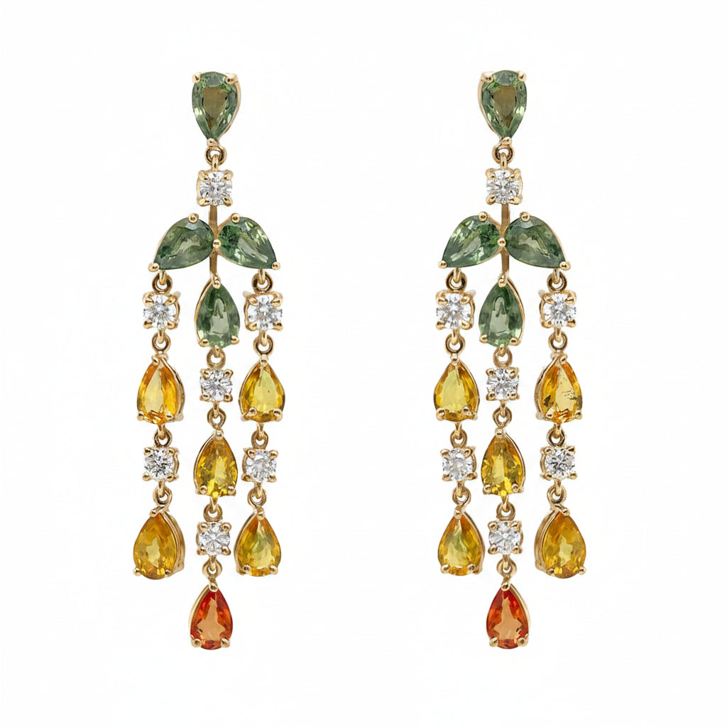 18k gold chandelier earrings with pear sapphire tiers and round diamond accents