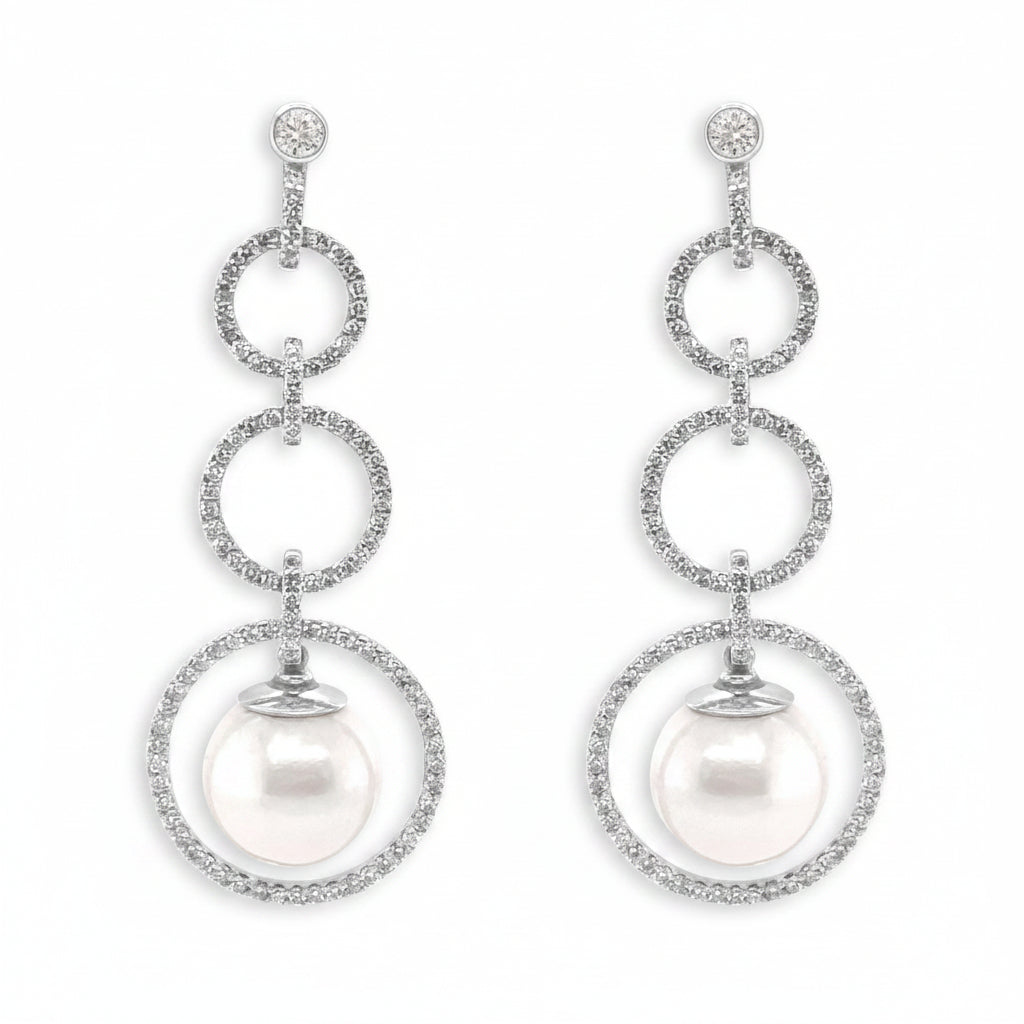 18k gold open circle drop earrings with pearls and diamond accents