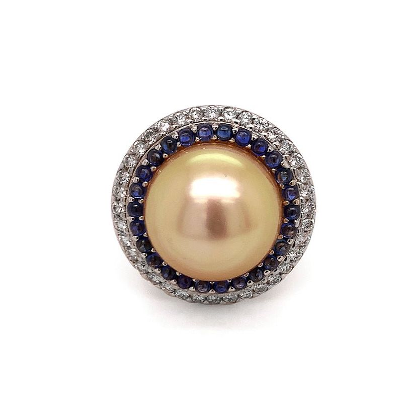 Pearl, sapphire, and diamond ring in 18k rose gold