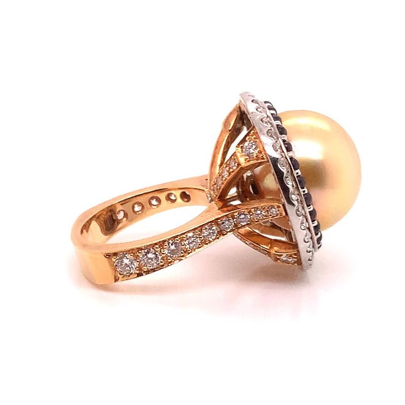 Pearl, sapphire, and diamond ring in 18k rose gold