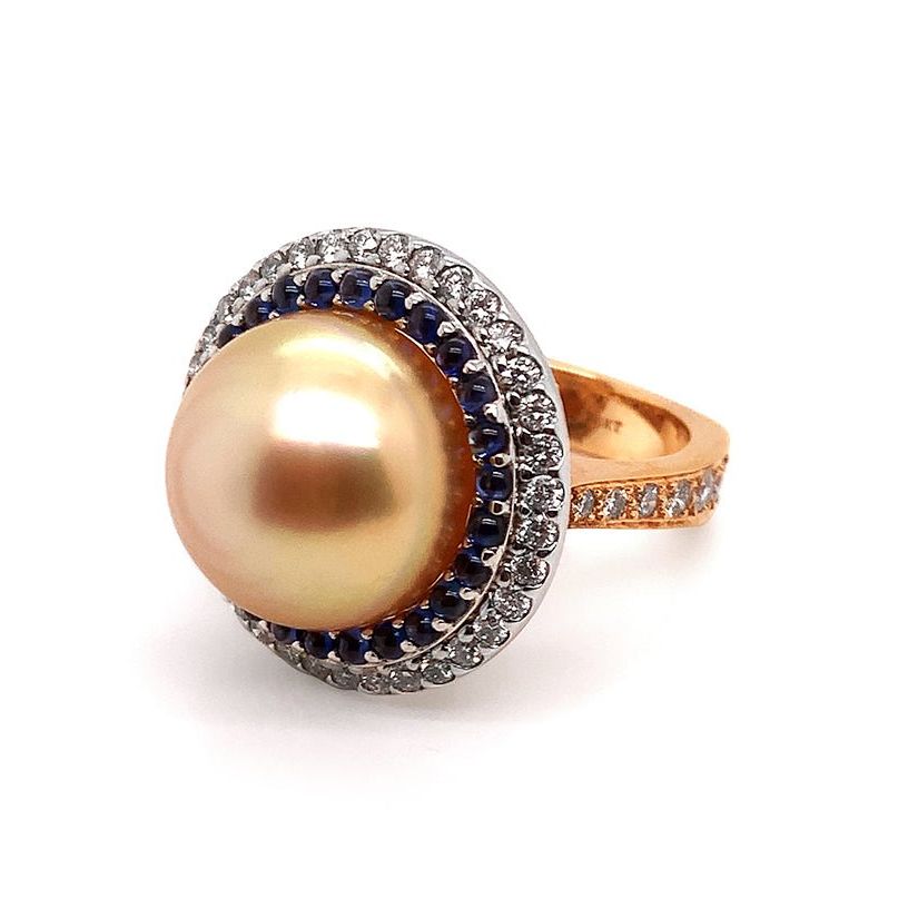 Pearl, sapphire, and diamond ring in 18k rose gold