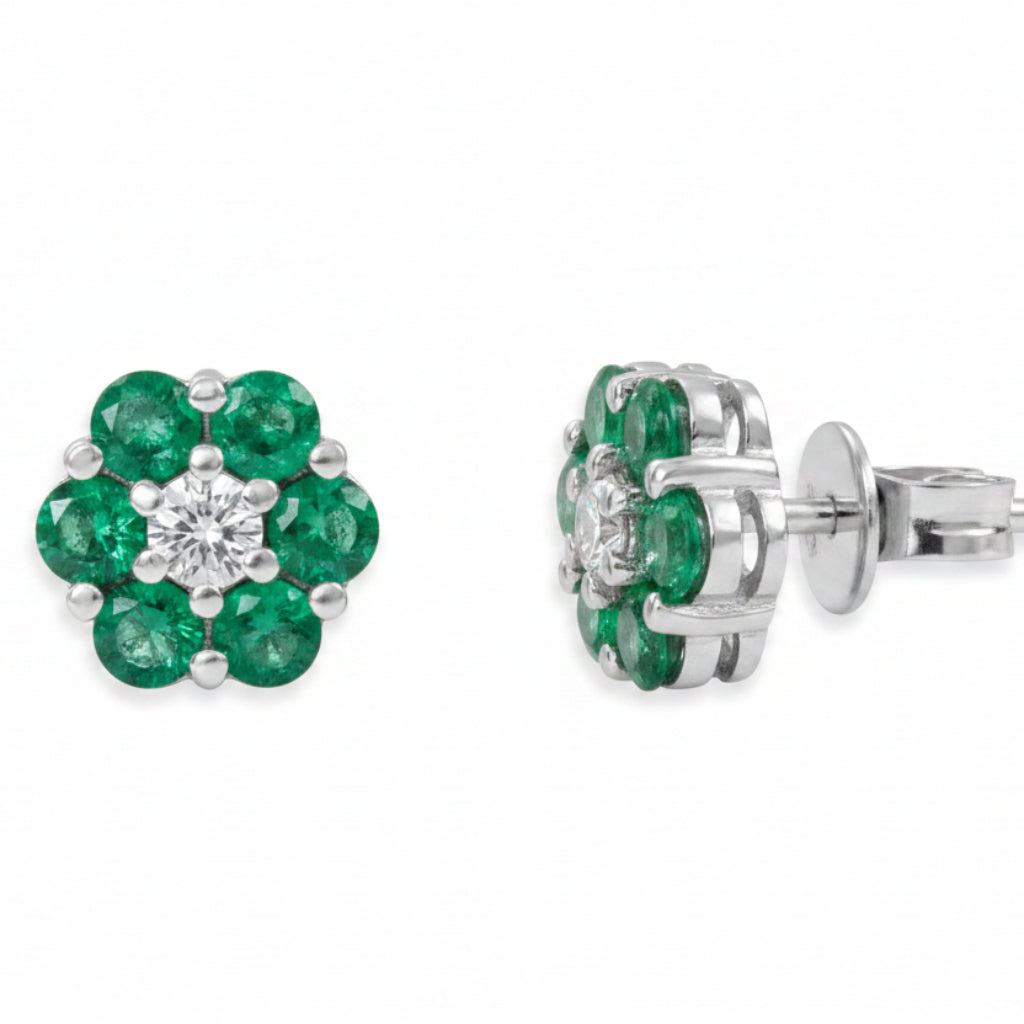 18k white gold petite flower stud earrings with mixed gemstones and diamond accents