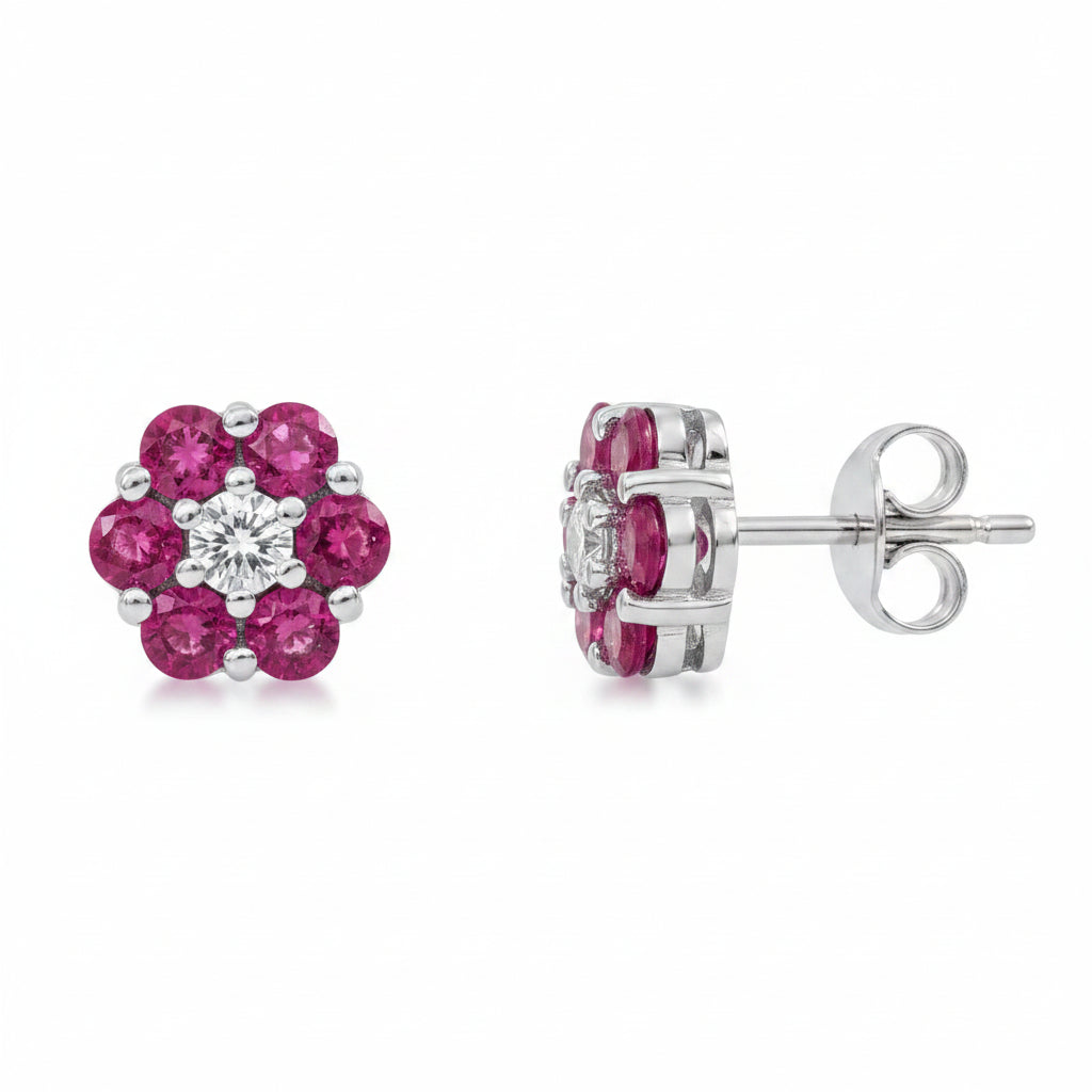 18k white gold petite flower stud earrings with mixed gemstones and diamond accents