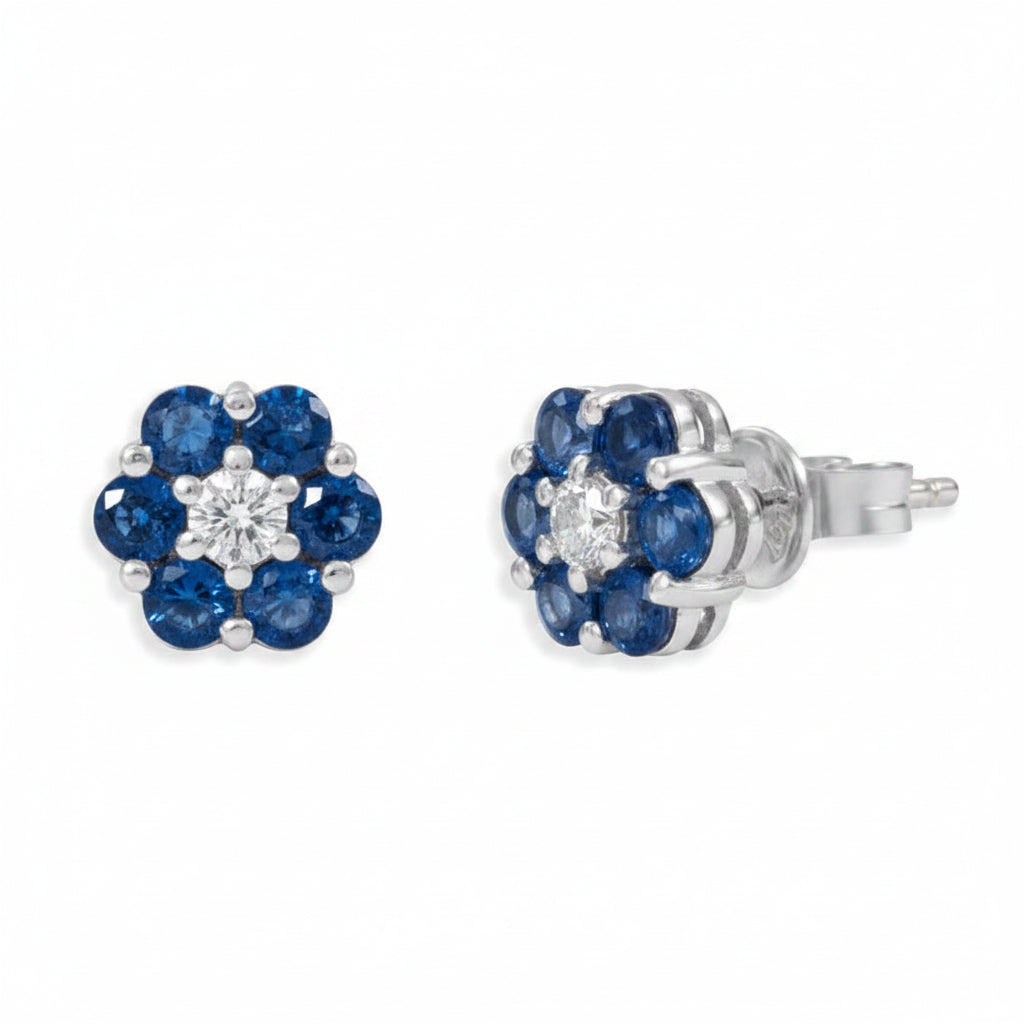 18k white gold petite flower stud earrings with mixed gemstones and diamond accents