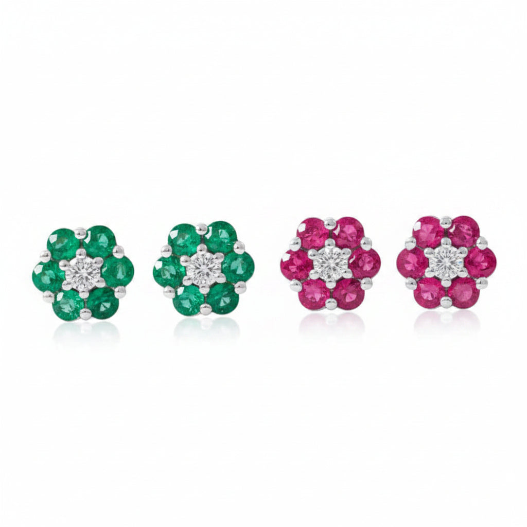 18k white gold petite flower stud earrings with mixed gemstones and diamond accents