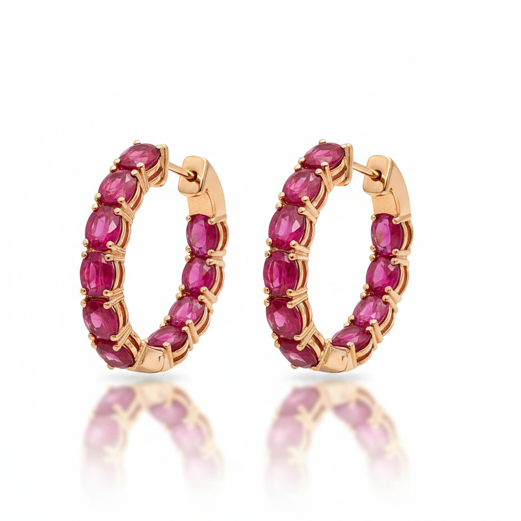 18k gold hoop earrings with pink oval rubies