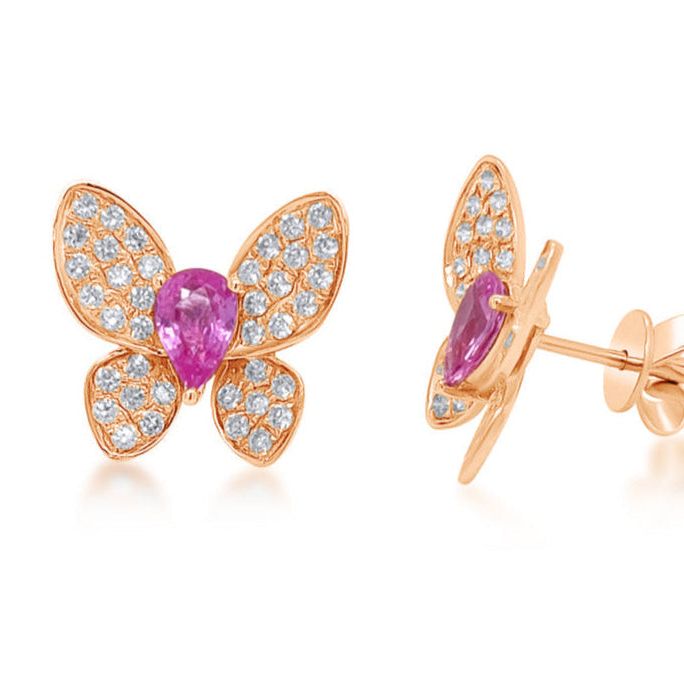 Pink sapphire and diamond butterfly earrings in 18k rose gold by Diamond Tales