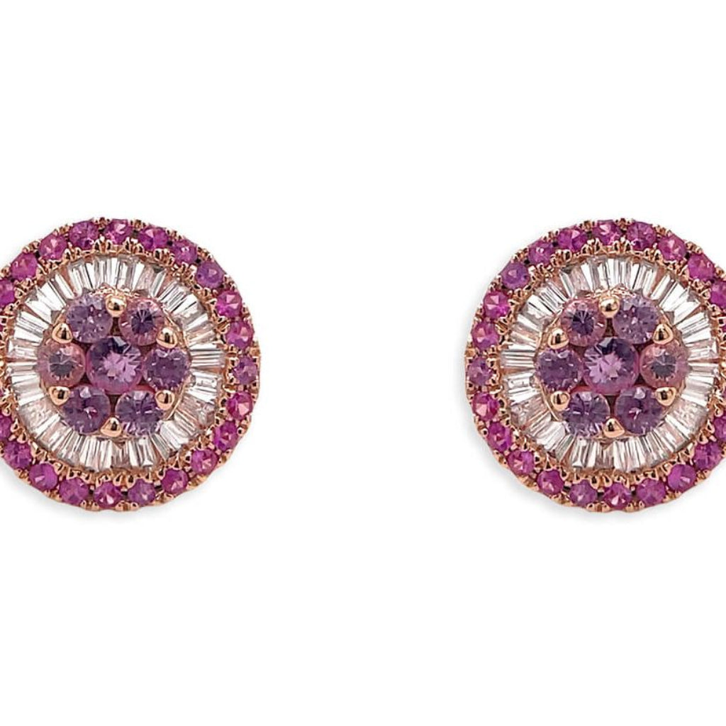 18k yellow gold cluster stud earrings with central pink sapphires and a diamond baguette-and-round border