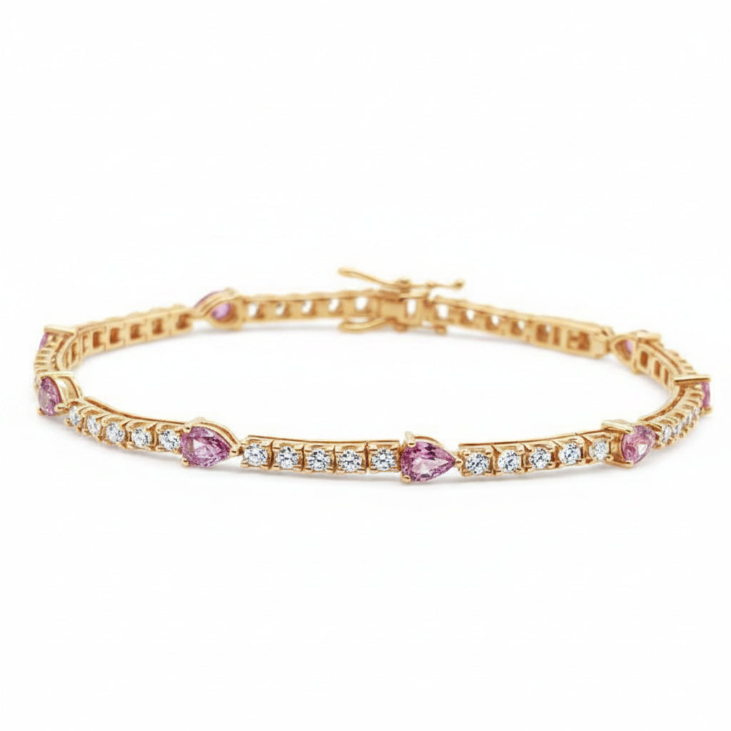 18k rose gold tennis bracelet with 10 pear-shaped pink sapphires totaling 1.64 carats and 58 brilliant-cut diamonds totaling 1.07 carats