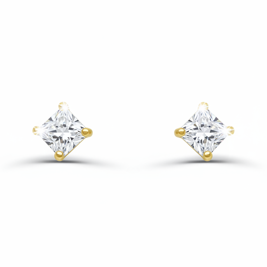14k gold mini stud earrings with princess-cut diamonds