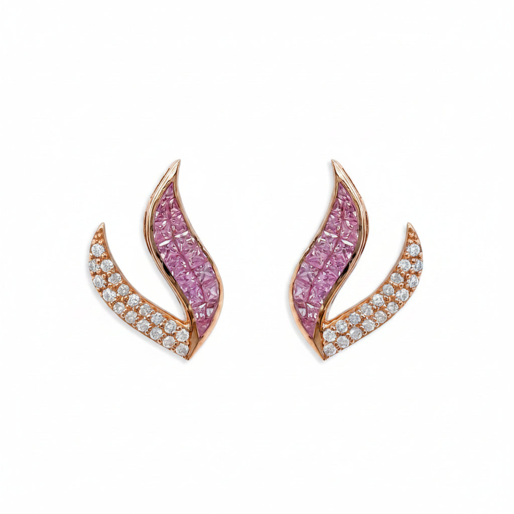 18k rose gold stud earrings with princess-cut pink sapphires and round diamond accents