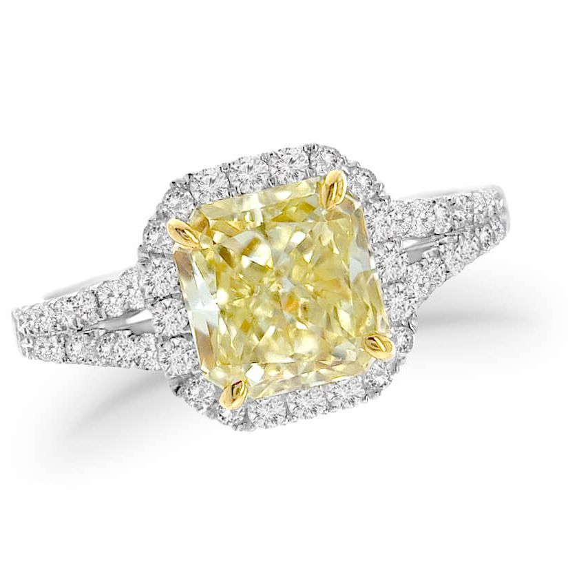 Platinum ring with radiant-cut yellow diamond and diamond pave split shank