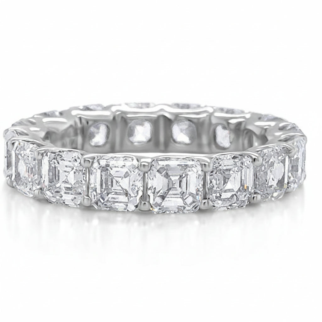 radiant cut lab diamond eternity ring in platinum with 4.96 carats total weight