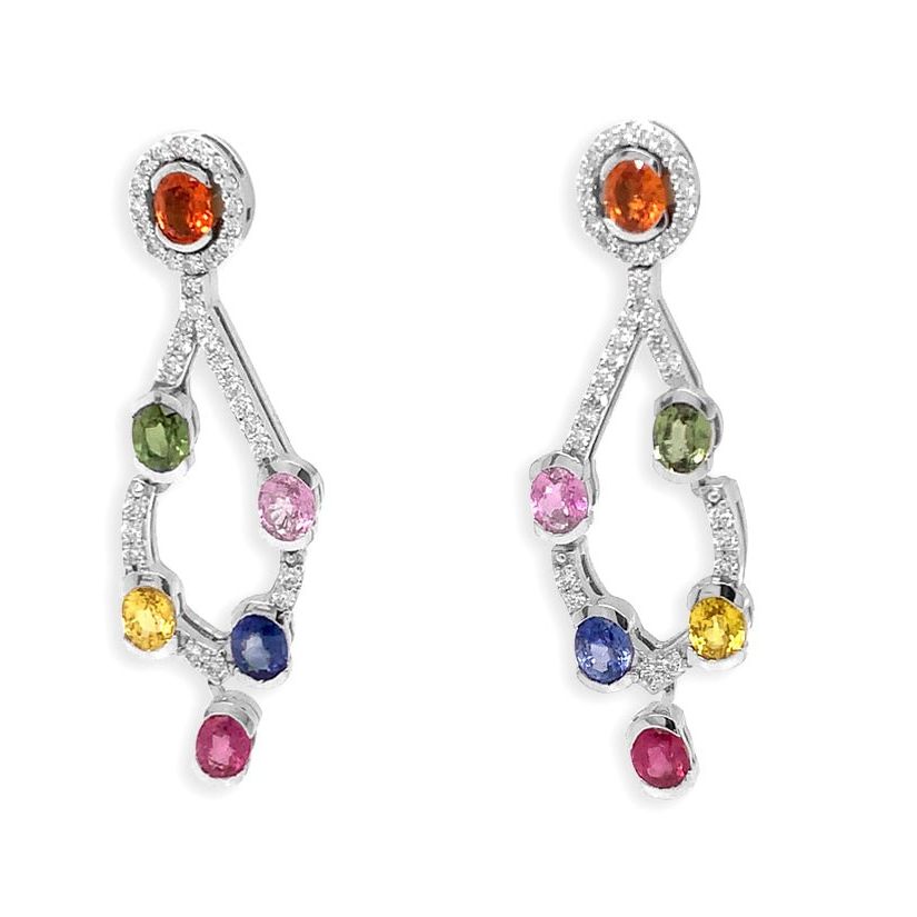 18k gold chandelier earrings with multicolor sapphires and diamond accents