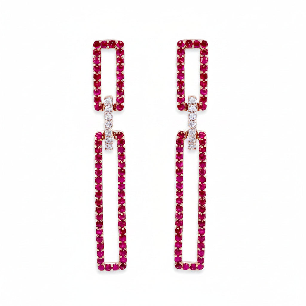 18k yellow gold drop earrings with rectangular ruby panels and diamond accents