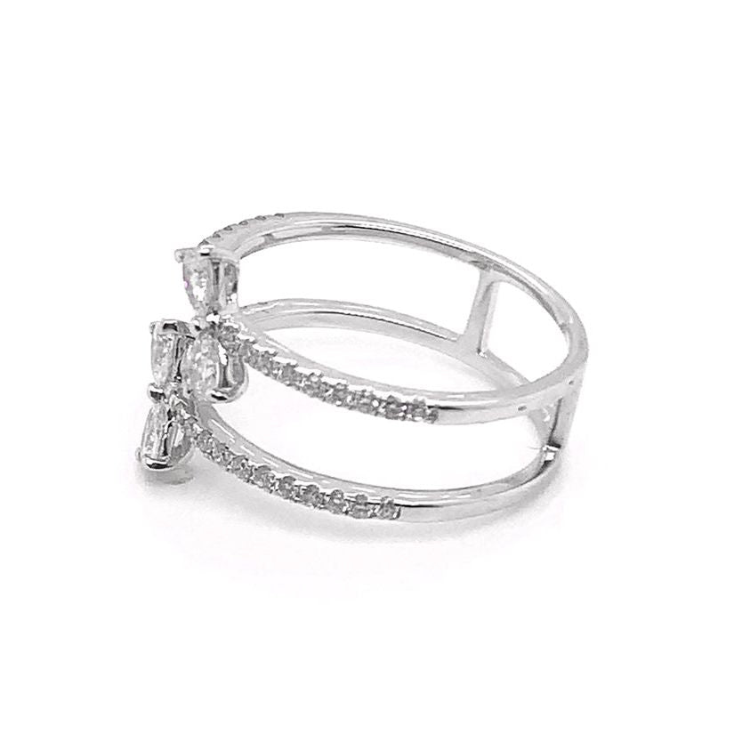 14k white gold ribbon-style ring with pear-shaped and pave diamonds totaling 0.56 cts