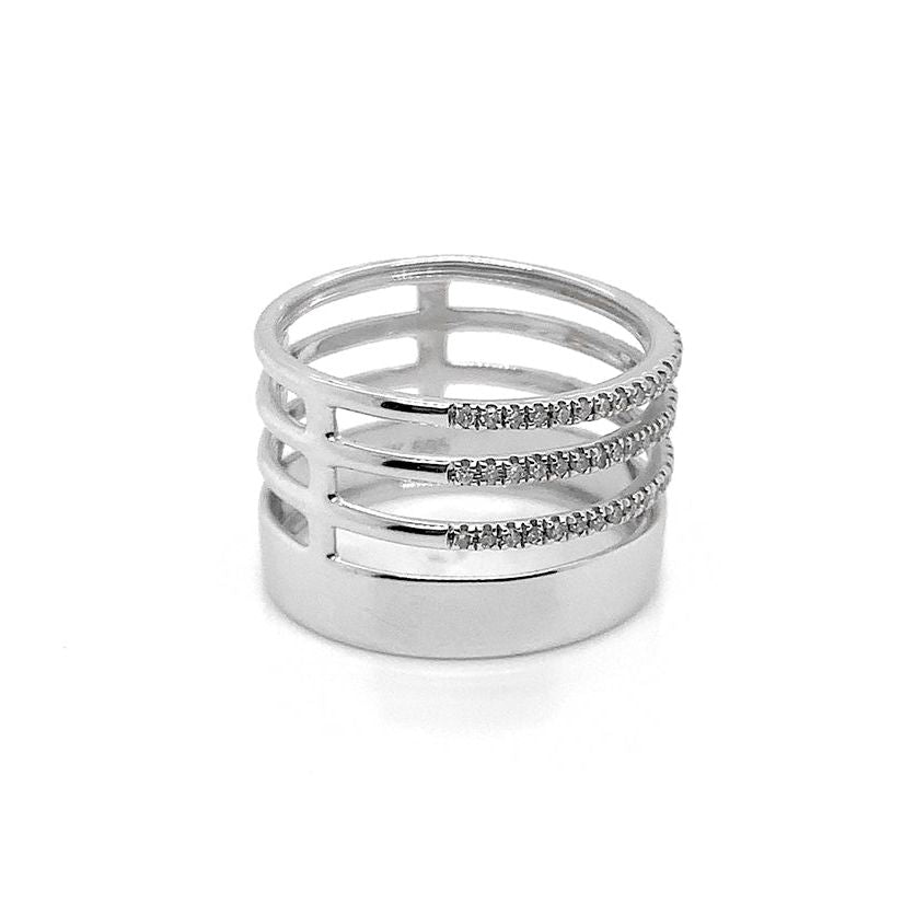 14k white gold ring with three rows of diamonds