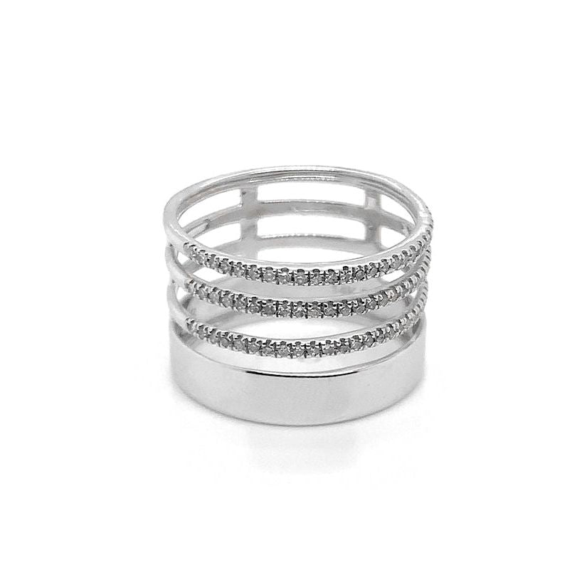 14k white gold ring with three rows of diamonds