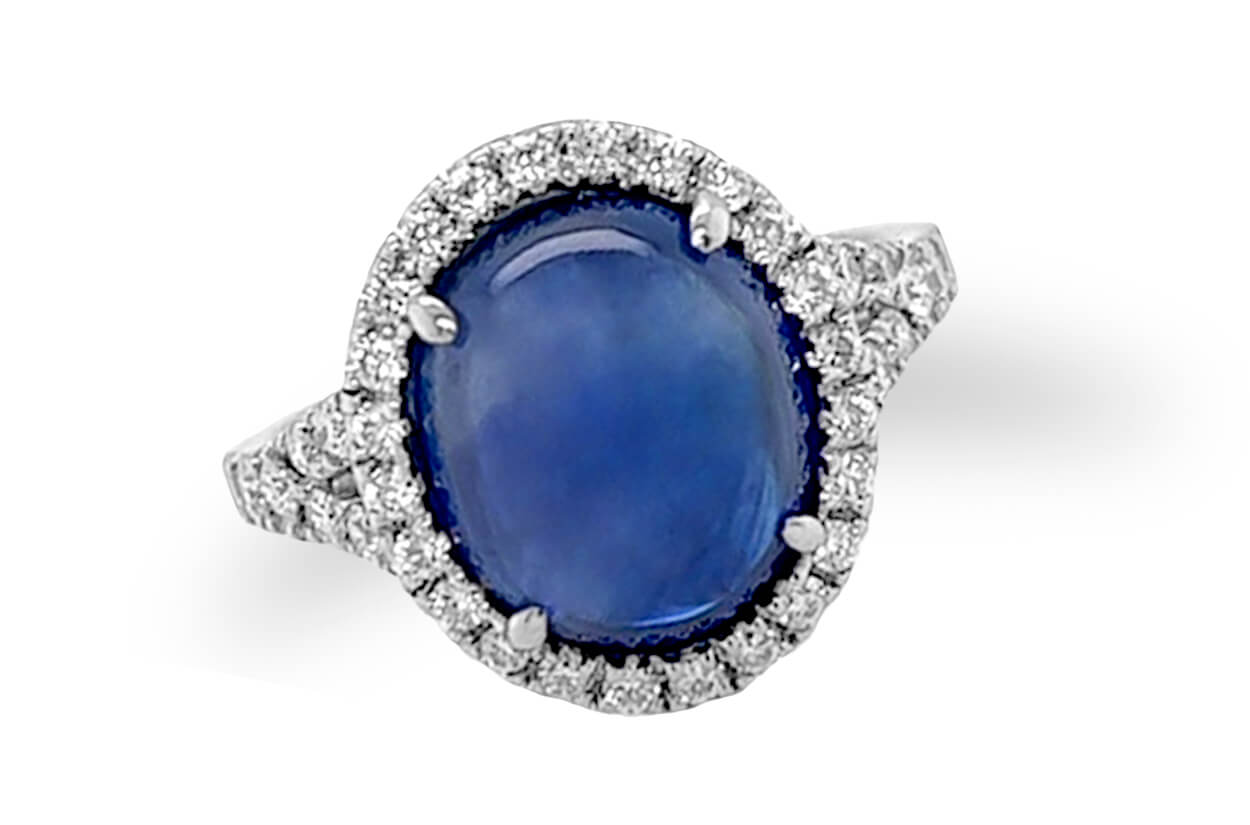 Ring 18kt Gold Oval Blue Sapphire Double Cabochon GIA & Diamonds - Diamond Tales Fine Jewelry