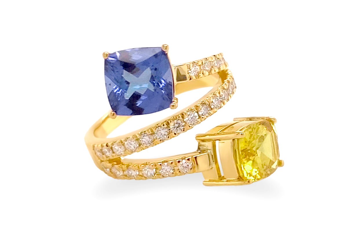 Ring 18kt Gold You and Me Tanzanite Sapphire & Diamonds - Diamond Tales Fine Jewelry