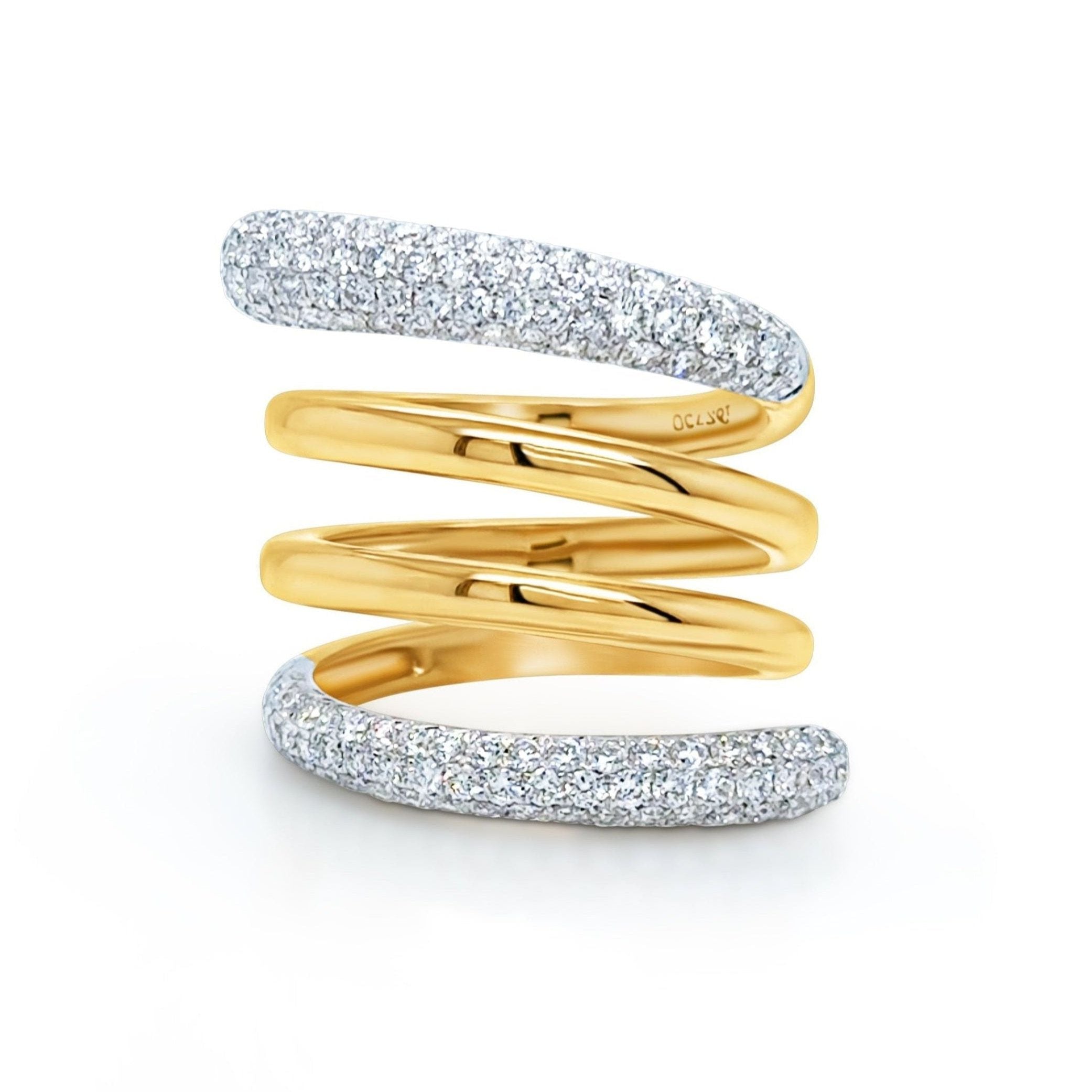 18k yellow gold spiral diamond ring with pavé round brilliant diamonds