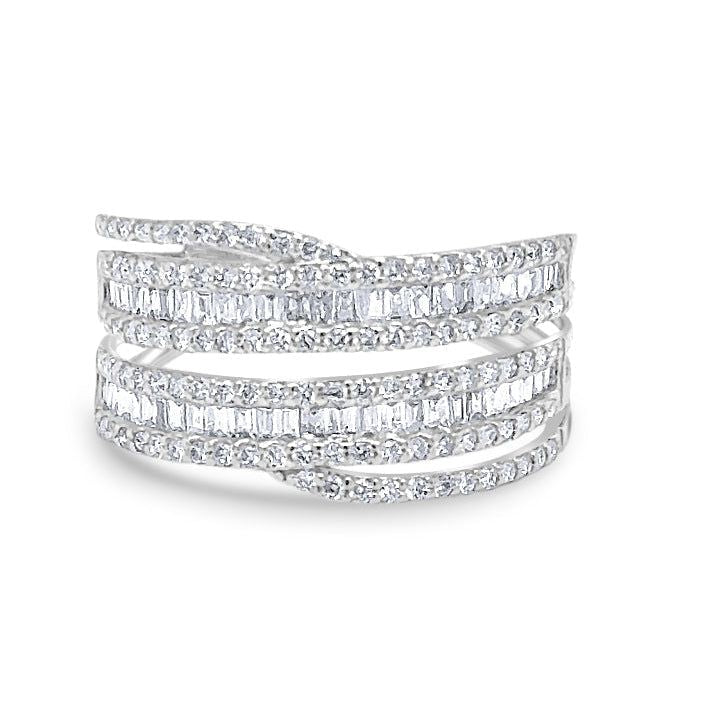 18k white gold double-band ring with approximately 0.80 ct round and baguette-cut diamonds